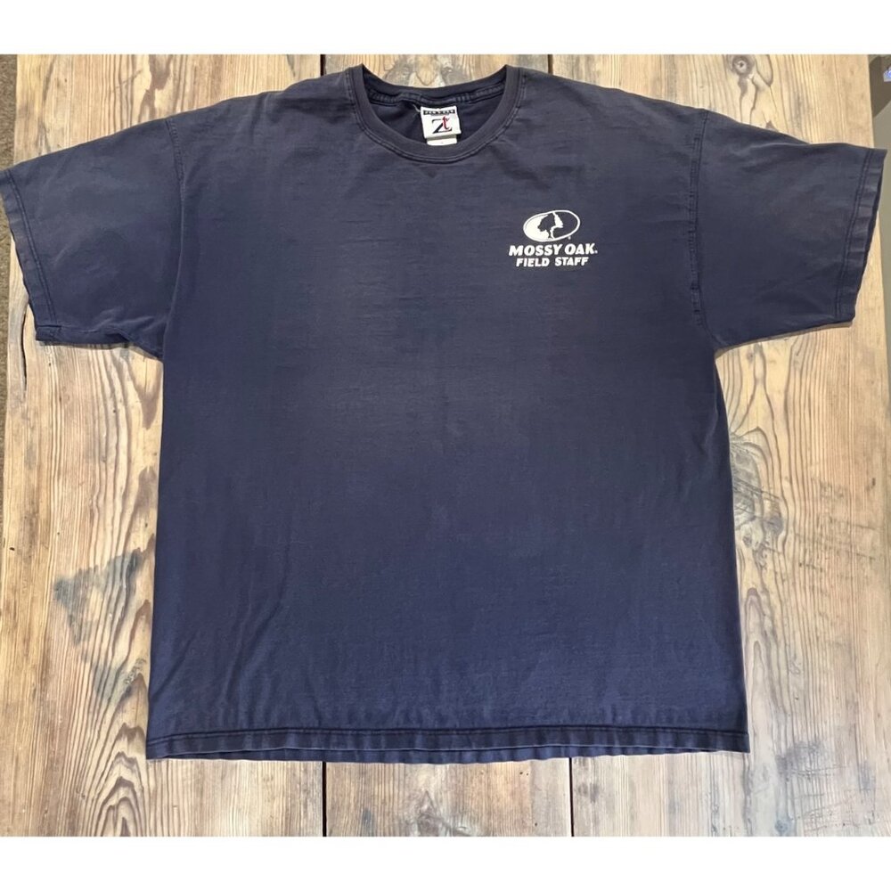 VTG Jerzees Zt Mossy Oak Field Staff T-Shirt Mens XL Navy Fade Graphic Print